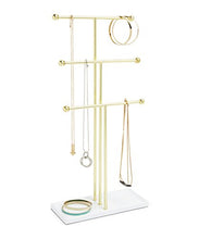 Load image into Gallery viewer, Umbra Trigem Hanging Organizer – 3 Tier Table Top Necklace Holder, Box Display with Jewelry Tray Base, Brass
