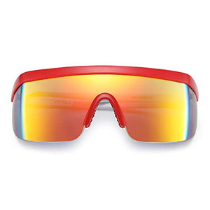 JIM HALO Oversized Flat Top Shield Sunglasses One Piece Mirror Glasses Men Women (Red White Frame/Mirror Gold Lens)