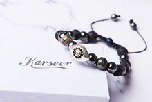 Load image into Gallery viewer, Karseer Vintage Silver and 18K Gold Plated Hamsa Evil Eye Stress Relief Reiki Healing Bracelet Non Magnetic Natural Hematite Anti Anxiety Calming Bracelet Lava Rock Oil Diffuser Aromatherapy Bracelet
