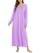 Load image into Gallery viewer, Ekouaer Women Long Nightgown Long Sleeve Nightshirt Casual Sleepwear Henley Full Length Sleep Dress Purple XLarge
