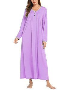 Ekouaer Women Long Nightgown Long Sleeve Nightshirt Casual Sleepwear Henley Full Length Sleep Dress Purple XLarge