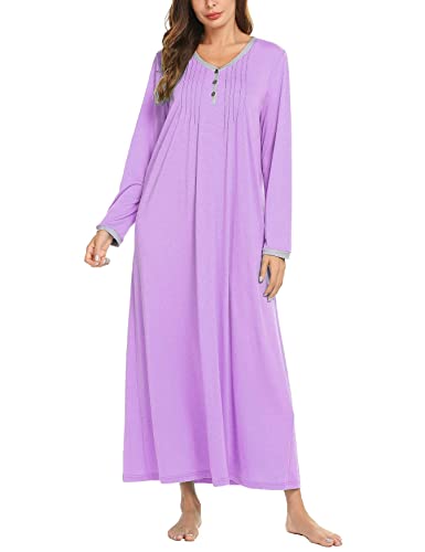 Ekouaer Women Long Nightgown Long Sleeve Nightshirt Casual Sleepwear Henley Full Length Sleep Dress Purple XLarge