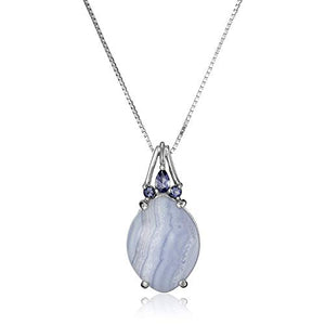 .925 Sterling Silver Genuine Blue Lace Agate and Iolite 1" Oval Pendant Necklace on 18" Box Chain