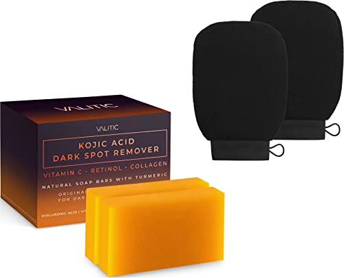 VALITIC 2-Pack Kojic Acid Dark Spot Remover Soap Bars & 1 Pair (Black) Style Korean Exfoliating Gloves for Body Scrub