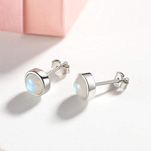 Angol Sterling Silver Moonstone Stud Earrings for Women Girls, 925 Hypoallergenic Rainbow Moonstone Earrings, 5MM Tiny Cute Round Natural Gemstone Earrings Birthday Christmas Gift with Box (White, 5)