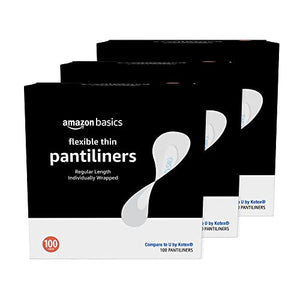 Amazon Basics Flexible Thin Pantiliner, Regular Length, 300 Count, 3 Packs of 100 (Previously Solimo)
