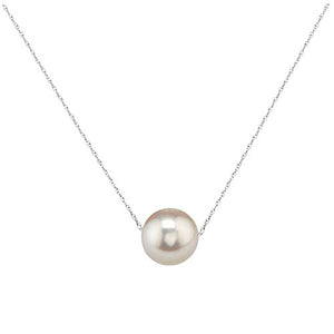 14K Gold 10-11mm Freshwater Cultured Floating Pearl Tin Cup Chain Necklace Jewelry for Women 17" (White, white-gold)