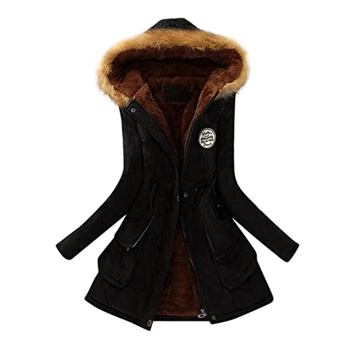 OutTop Quilted Winter Coats for Women Thickened Warm Fleece Lined Faux Fur Hood Full-Zipper Down Jacket Parka Outwear (#01-Black, XL)