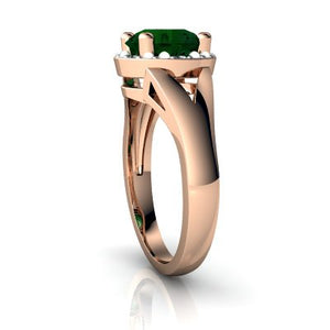 14kt Rose Gold Lab Emerald and Diamond 8mm Round Halo Split Band Ring - Size 6