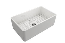 Load image into Gallery viewer, BOCCHI 1138-001-0120 Classico Apron Front Fireclay 30 in. Single Bowl Kitchen Sink with Protective Bottom Grid and Strainer in White
