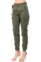 Load image into Gallery viewer, TwiinSisters Women's High Waist Slim Fit Color Cargo Joggers Pants with Matching Belt - Medium, Olive
