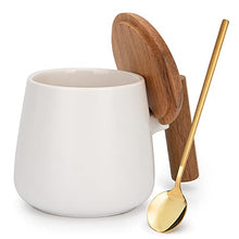 Load image into Gallery viewer, GOOD ALWAYS Ceramic Coffee Mug, Tea Cup for Office and Home, 14 Oz Coffee Cups with Wood Lid and Golden Coffee Spoon, Christmas Gifts, House Warming Presents for New Home, 1 Pack (White)
