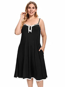 Jollielovin Women Plus Size Cami Dresses with Pockets and Adjustable Spaghetti Strap V Neck Sleepwear Women Nightgowns with Lace Loose Fit Black_2X