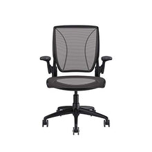 Load image into Gallery viewer, Humanscale Diffrient World Chair | Pinstripe Black Mesh Seat and Back | Black Frame with Black Trim | Height-Adjustable Duron Arms | Standard Foam Seat, 3&quot; Carpet Casters, and 5&quot; Cylinder
