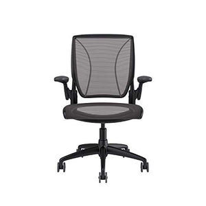 Humanscale Diffrient World Chair | Pinstripe Black Mesh Seat and Back | Black Frame with Black Trim | Height-Adjustable Duron Arms | Standard Foam Seat, 3" Carpet Casters, and 5" Cylinder