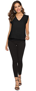 Women's Summer V Neck Tank Cap Sleeve Casual Flowy Chiffon Blouse Shirts Black S