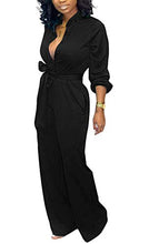 Load image into Gallery viewer, Aro Lora Women's Deep V Neck Long Sleeve Button Down One Piece Wide Leg Jumpsuit Romper Small Blue
