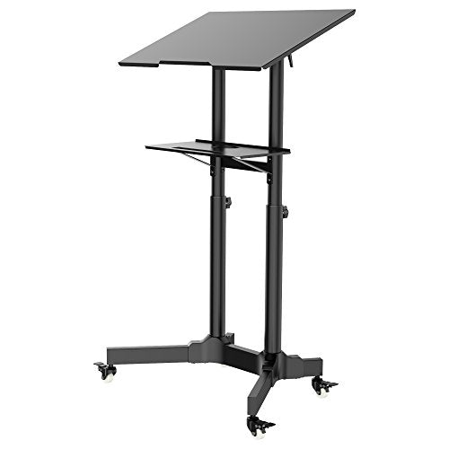 1home Steel Mobile Stand Up Desk Ajustable Laptop Workstation Muti-Purpose Rolling Podium Lectern with Wheels Laptop Workstation Desk with Storage Tray Black
