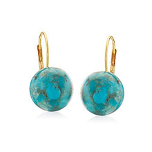 Load image into Gallery viewer, Ross-Simons Button Turquoise Drop Earrings in 14kt Yellow Gold
