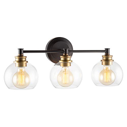 Load image into Gallery viewer, Kira Home Odette 22" Modern 3-Light Vanity/Bathroom Light + Clear Glass Globe Shades, Warm Brass Accents + Oil Rubbed Bronze Finish