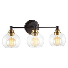 Load image into Gallery viewer, Kira Home Odette 22" Modern 3-Light Vanity/Bathroom Light + Clear Glass Globe Shades, Warm Brass Accents + Oil Rubbed Bronze Finish

