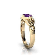 Load image into Gallery viewer, 14kt Yellow Gold Amethyst and Diamond 5mm Heart Celtic Trinity Knot Ring - Size 7.5
