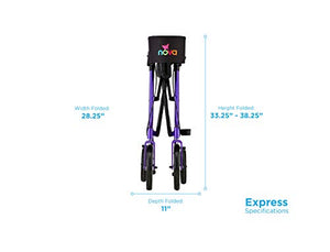 NOVA Medical Products Express Rollator Walker, Large 10” & 8” Wheels, Compact Foldable & Free Standing, Easy to Fold, Lift & Carry, Comes with Cane Holder, Purple