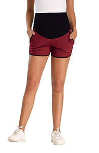PACBREEZE Women's Maternity Shorts Over Belly Pregnancy Activewear Workout Running Athletic Lounge Shorts(Black Burgundy, Large)