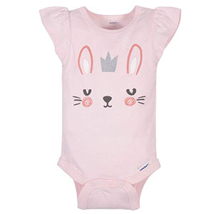GERBER Baby Girls 4-Pack Short Sleeve Onesies Bodysuits, Pink Bunnies, 0-3 Months