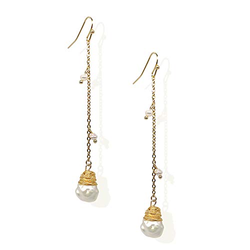 14K Gold Plated Earrings with Natural Freshwater Baroque Pearl Long Dangle Earring for Women Girl Gifts Valentines Birthday Anniversary Mother’s Day Christmas