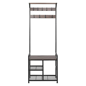 HOMEKOKO Coat Rack Shoe Bench, Hall Tree Entryway Storage Bench, Wood Look Accent Furniture with Metal Frame, 3-in-1 Design