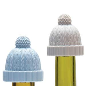 Beanie Cap Decorative Silicone Bottle Stopper in a gift box, Set of Two, Novelty Cork Replacement, Beverage and wine Keeper, champagne bottle stoppers (Blue & Grey)