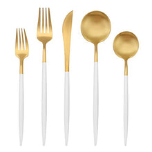 Load image into Gallery viewer, Matte Gold Silverware Set with white handle, Bysta 5-Piece Stainless Steel Flatware Set, Kitchen Utensil Set Service for 1, Tableware Cutlery Set for Home and Restaurant, Satin Finish, Dishwasher Safe
