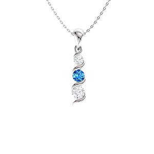 Diamondere Natural and Certified Blue Topaz and Diamond Three Stone Petite Necklace in 14k White Gold | 0.22 Carat Pendant with Chain