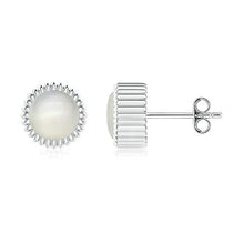 Load image into Gallery viewer, June Birthstone - Bezel-Set Solitaire Round Moonstone Beaded Halo Studs in 14K White Gold (6mm Moonstone)
