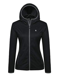 Little Donkey Andy Women's Lightweight Hooded Softshell Jacket for Running Travel Hiking, Windproof, Water Repellent Black Size L