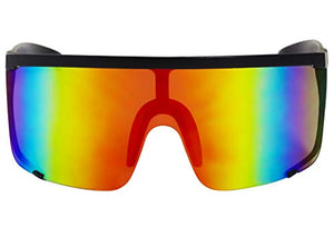 Elite Unisex Oversized Super Shield Mirrored Lens Sunglasses Retro Flat Top Matte Black Frame (Orange Rainbow)