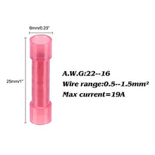 Load image into Gallery viewer, 100pcs PA66 Nylon 22-16 AWG Wire Connectors Electrical Crimp Butt Connector Fully Insulated Splice Wire Terminals Red
