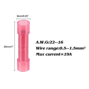 100pcs PA66 Nylon 22-16 AWG Wire Connectors Electrical Crimp Butt Connector Fully Insulated Splice Wire Terminals Red