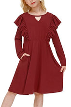 Load image into Gallery viewer, IIMMER Kid Girls Christmas Casual Burgundy Ruffle Long Sleeves Keyhole Neckline Autumn Maroon Flare Swing Dress with Pockets 7-8 Years
