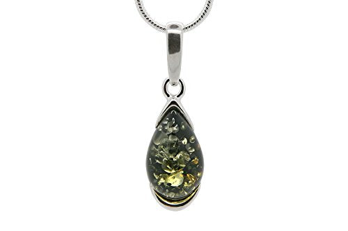 925 Sterling Silver Teardrop Necklace with Natural Baltic Green Amber. Gemstone Pendant for Girls, Teens, Women. 20