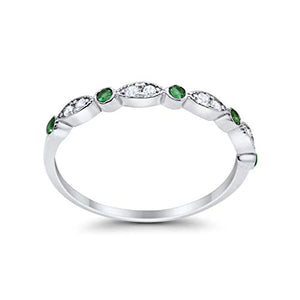 Blue Apple Co. 2mm Half Eternity Wedding Band Art Deco Design Round Simulated Emerald CZ 925 Sterling Silver, Size-7