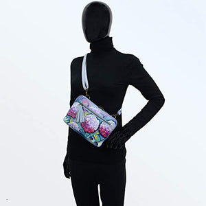 Anuschka Women’s Genuine Leather All Round Zip Crossbody/Belt Bag - Hand Painted Exterior - Hypnotic Hydrangeas