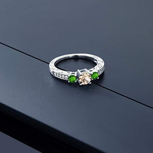 Gem Stone King 0.81 Ct Round Peach Morganite Green Simulated Tsavorite 925 Sterling Silver Ring (Size 8)