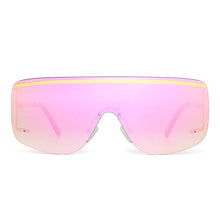 Load image into Gallery viewer, JIM HALO Oversized Shield Sunglasses Trendy Flat Top Rimless Sun Glasses for Women Men (Gold/Mirrored Pink)
