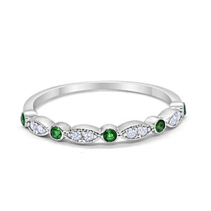 Blue Apple Co. 2mm Half Eternity Wedding Band Art Deco Design Round Simulated Emerald CZ 925 Sterling Silver, Size-7