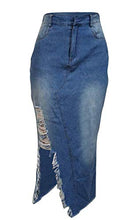 Load image into Gallery viewer, Voghtic Sexy Plus Size Blue Denim Skirt Distressed Ripped High Waisted Bodycon Midi Skirts with Slit
