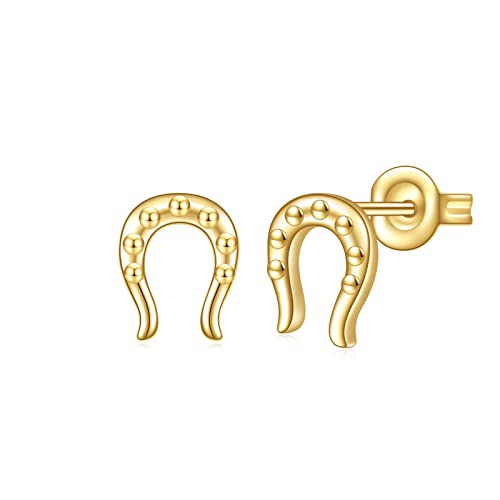 E 14K Gold Plated Horseshoe Stud Earrings for Women Girls, Hypoallergenic Small Gold Animal Stud Earring for Sensitive Ears