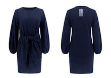 Load image into Gallery viewer, R.Vivimos Women's Autumn Winter Cotton Long Sleeves Elegant Knitted Bodycon Tie Waist Sweater Pencil Dress (Large, Navy Blue)
