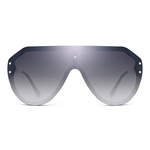 JIM HALO Oversized Shield Sunglasses Rimless Flat Top Mirror Glasses Women Men (Black Frame/Gradient Grey Lens)